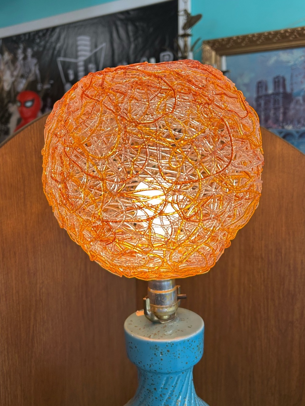 Vintage light fixture socket spaghetti shade orange clear mix  lucite mcm